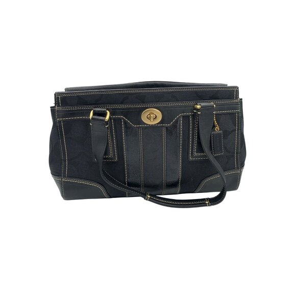 Coach Black Signature Canvas & Leather Satchel Bag With Gold Turn Lock Closure - Picture 1 of 10